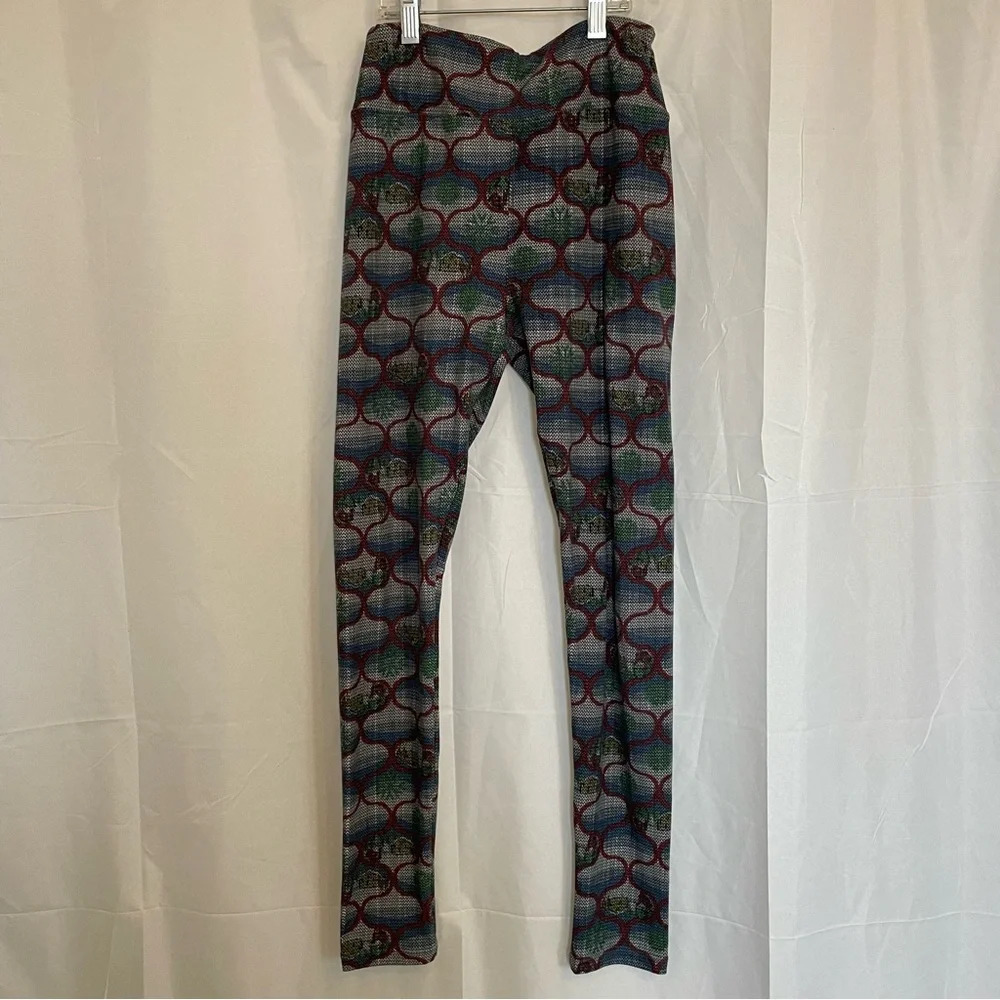 LULAROE Women’s Patterned Red Green Grey Soft Leggings One Size